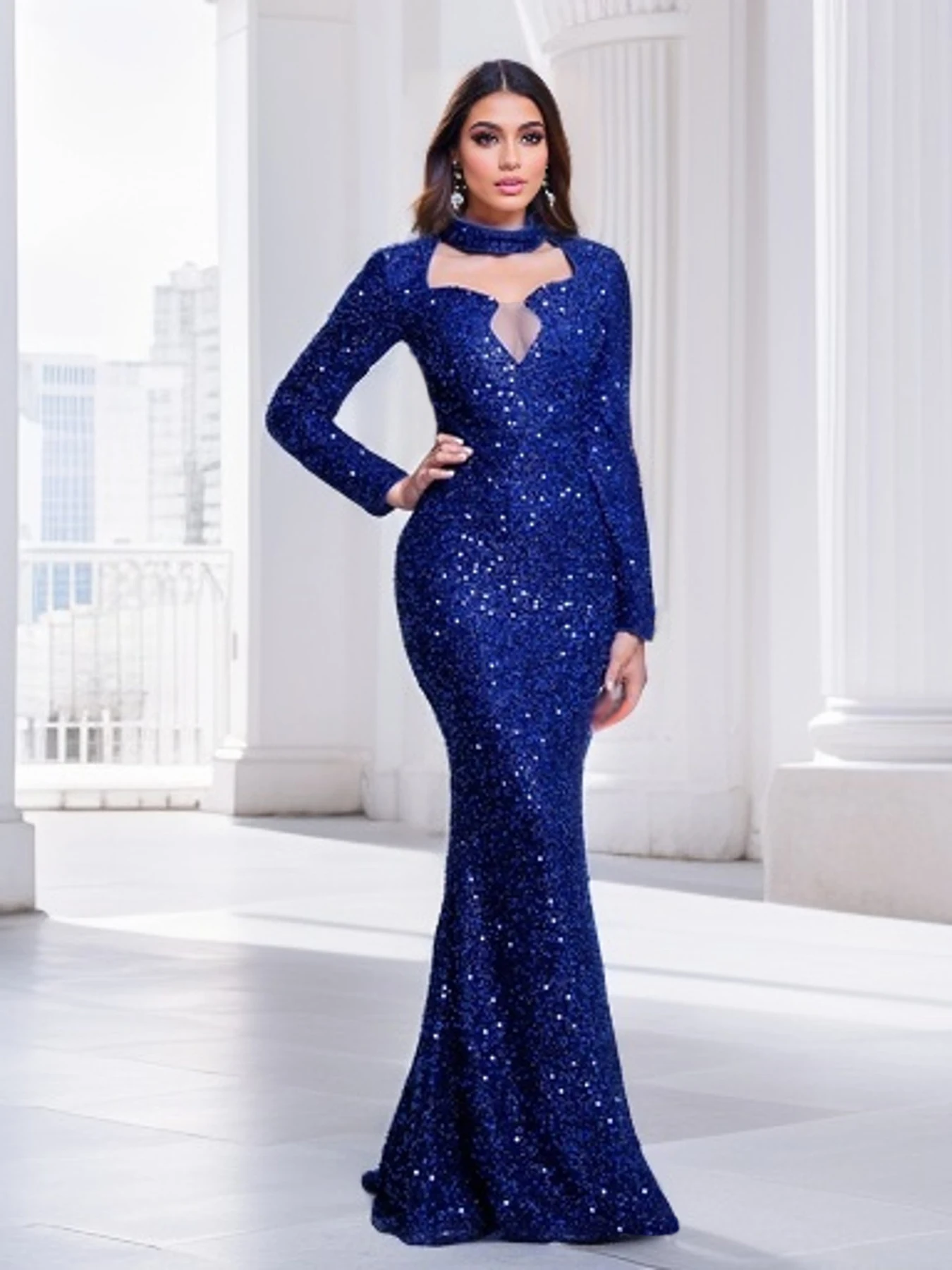 

Sequin O Neck Hollow Out Low Cut Mesh Bodycon Party Dress Blue Mermaid Women Floor Length Evening Dresses 2024 Winter
