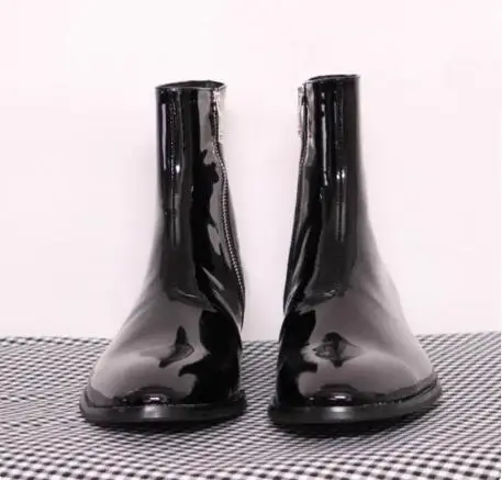 British Style Men Shiny Patent Leather Zipper Side Pointed Toe Short Chelsea Boots Male Med Heels Height Increasing Ankle Boots