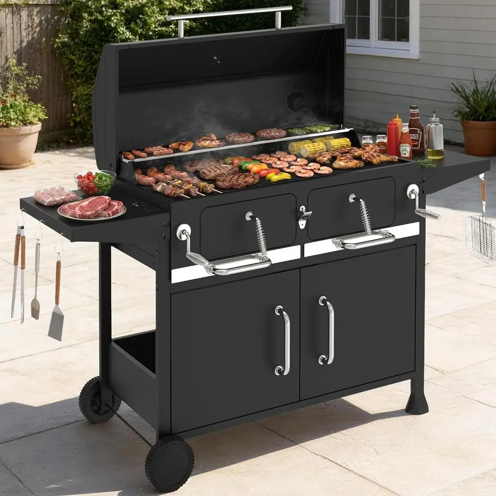 

36-дюймовый портативный угольный гриль с двумя зонами нагрева и складными боковыми столиками - идеально подходит для приготовления на открытом воздухе, кемпинга и пикников.