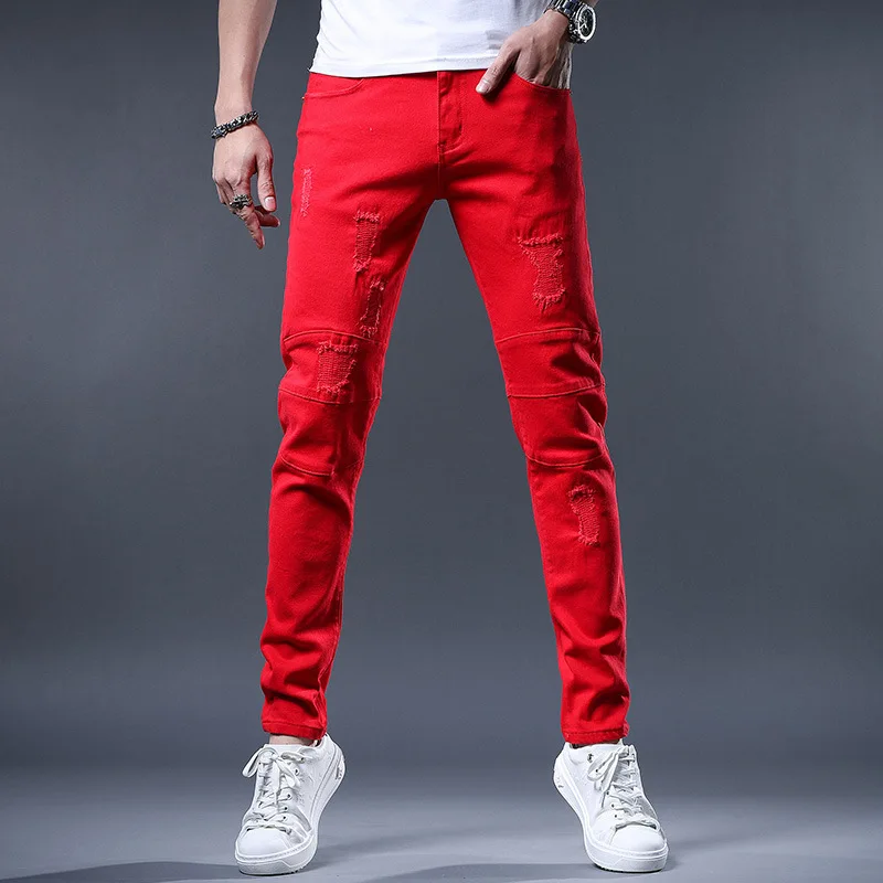 2022 New Yellow Red White Jeans Men Fashion Slim Fit Straight Pants Summer Streetwear Ripped Patch Denim Trousers