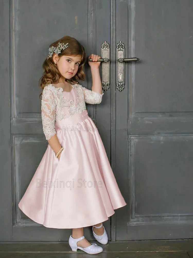 Flower Girl Dress Stickers with Pocket Elegant Blue Birthday Communion Party Ball Evening Dress Formal Occasion Wedding Dress