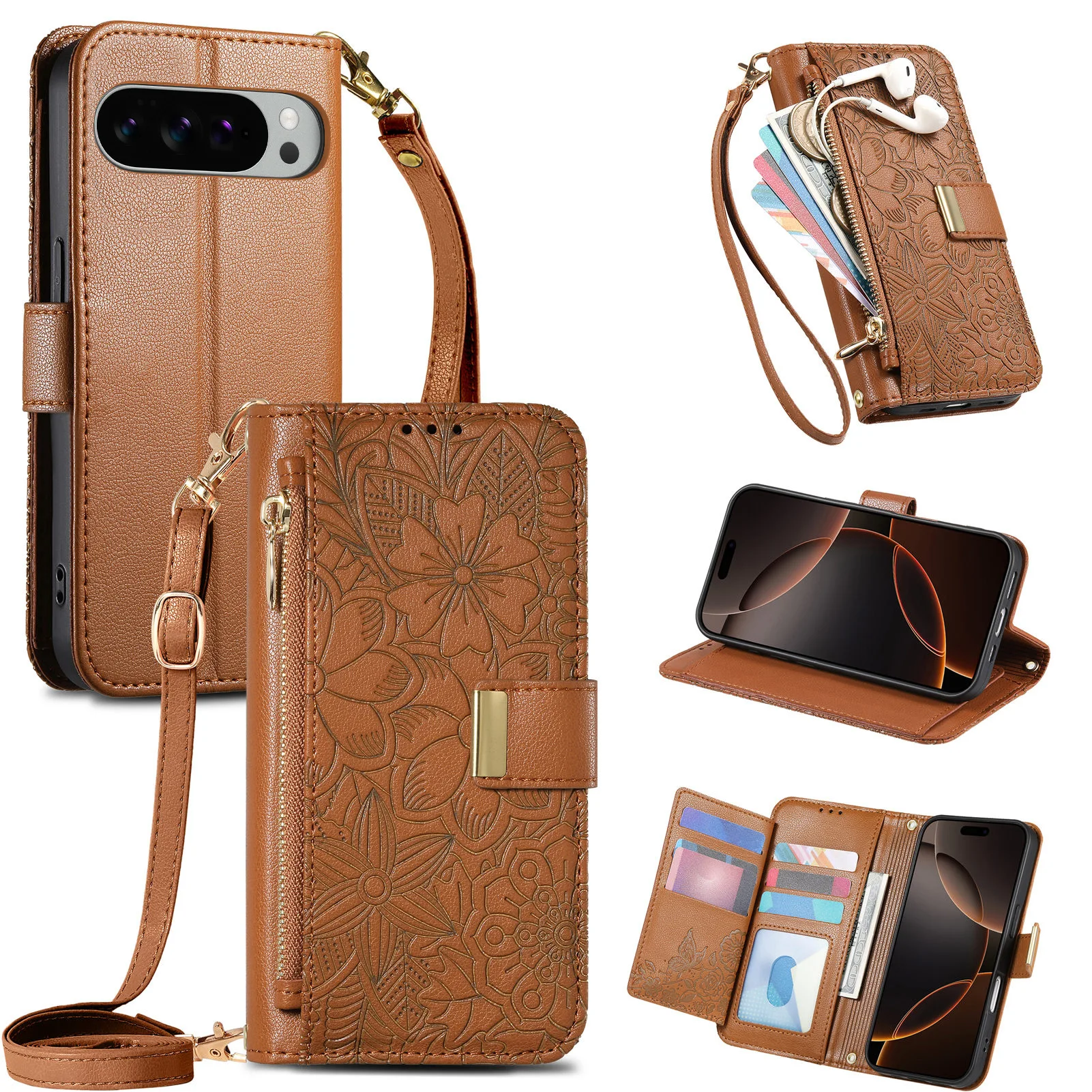 Umhängetasche, Handschlaufe, Leder, Flip-Brieftasche, Kartenhalter, Handyhülle für Google Pixel 9, 10, Pro, XL10A, 9A, Schutz, stoßfeste Abdeckung