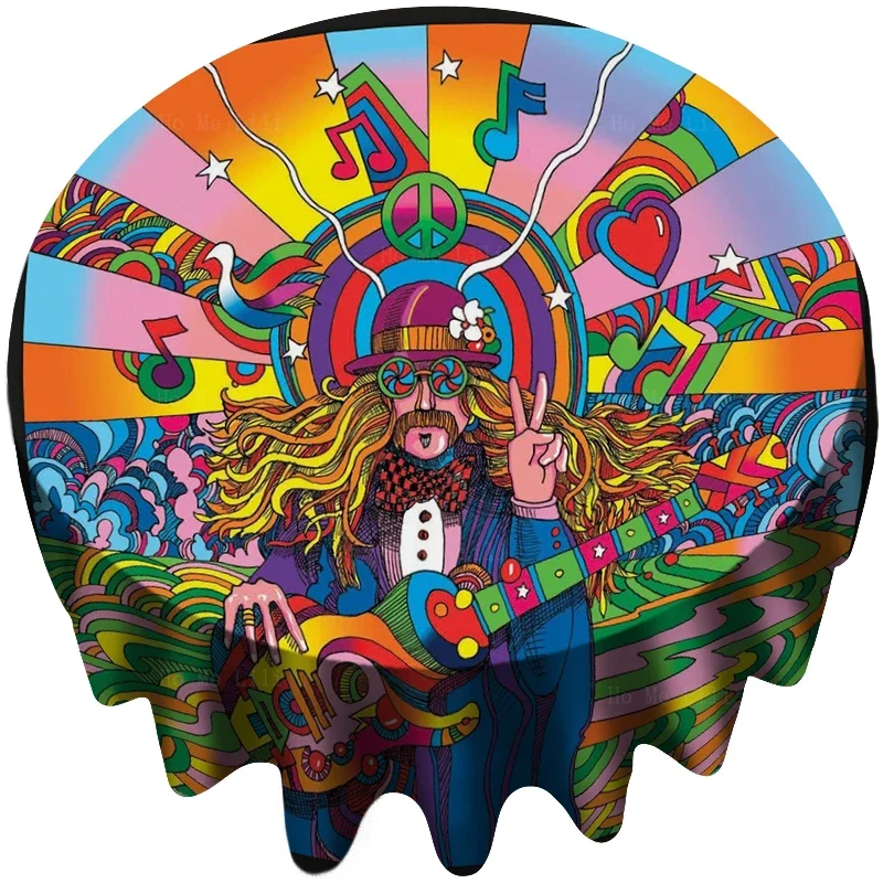 Psychedelic Hippie Star Man Musician Playing Guitar Pop Art Round Fabric Tablecloth By Ho Me Lili For Tabletop Decor