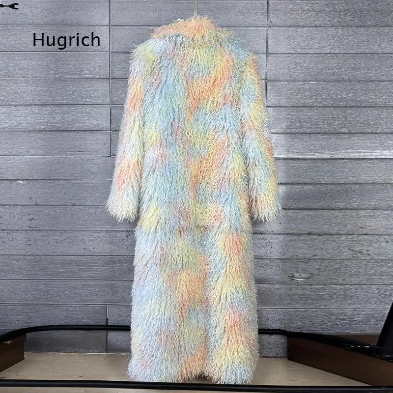Women Long Length Faux Fur Overcoat Notched Lapel Printed Colorful Fluffy Plush Faux Toka Sheep Wool Outerwear For Winter Cold