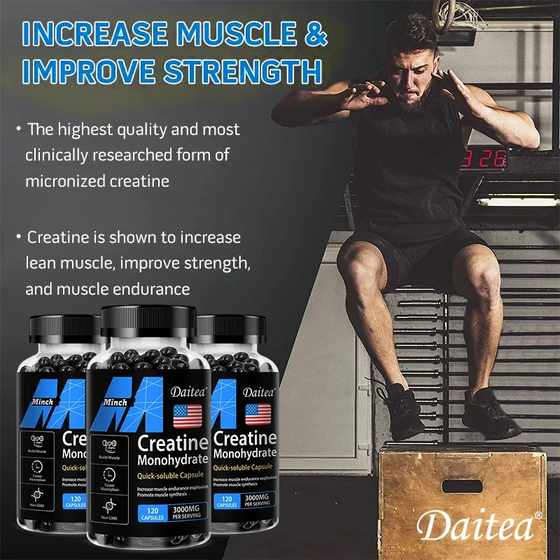 Daitea Creatine Monohydrate, 3000 Mg, 120 Capsules, for Muscle Endurance, Non-GMO, Gluten-Free