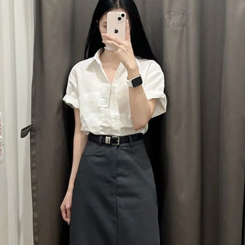 QWEEK White Basic Short Sleeve Shirt Woman Office Ladies Button Up Blouse Korean Harajuku Fashion Summer Loose Casual Streetwear