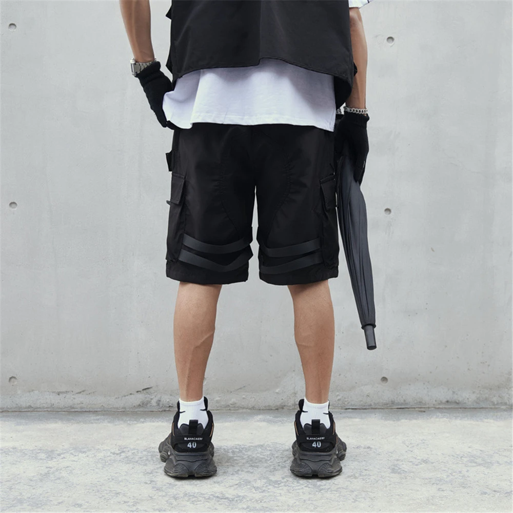 2025 Summer Cargo Shorts Multi Pocket Short Pant Tactical Functional Loose Streetwear Elastic Waist Shorts Black