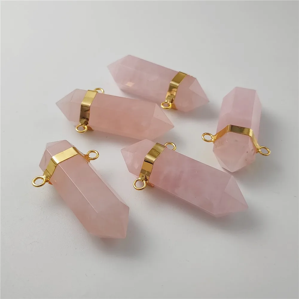 FUWO Wholesale Natural Rose Quartzs Double Point Pendant,Handmade Faceted Energy Stone Accessories For Jewelry Making 5Pcs PD456