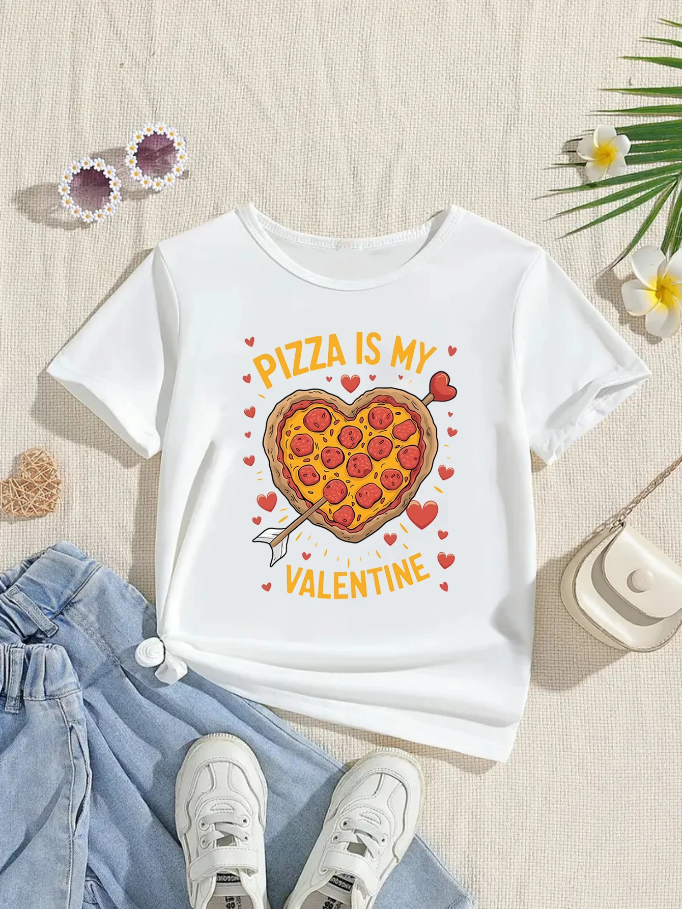 Love Hearts Valentine'S Day Gift T-Shirt Pizza Is My Valentine Graphic Printed T Shirt Girls Kawaii Kids Clothes Toddler Shirt