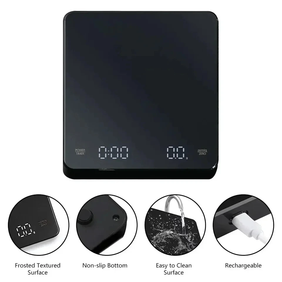 HTMCK USB Rechargeable Digital Espresso Scale with Timer LED Screen, 3kg 0.1g Precision Kitchen Scale
