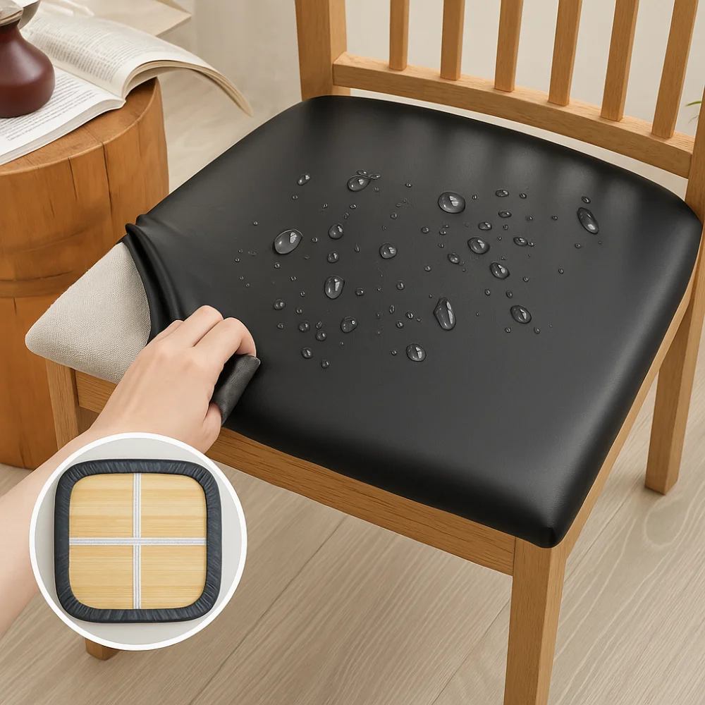 

Simple PU Leather Dining Room Chair Covers Waterproof Solid Color Chair Seat Covers Removable Chair Cover