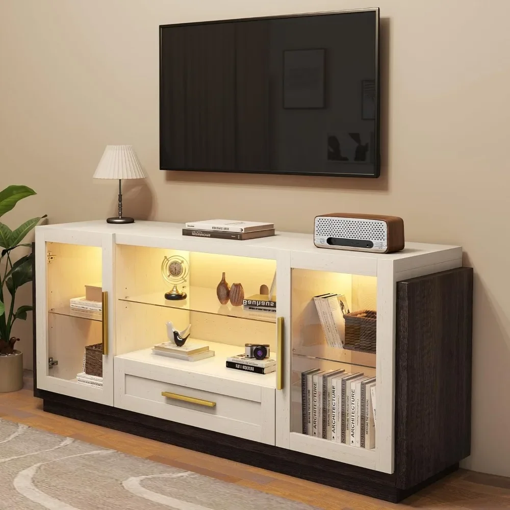 TV Stand,Entertainment Center, with LED Lights,with 2 Storage Cabinets,Open Glass Shelves,for TV Up To 65