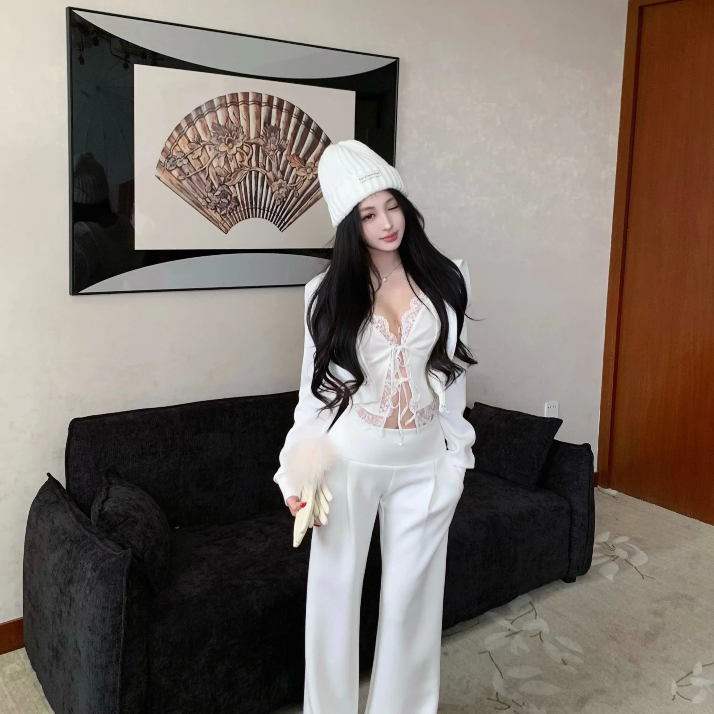 Herfst Winter Kant Patchwork Gebreid Casual Vest Hoodie Losse Joggingbroek Set Dames Midweight Lange Sve Rits Faion