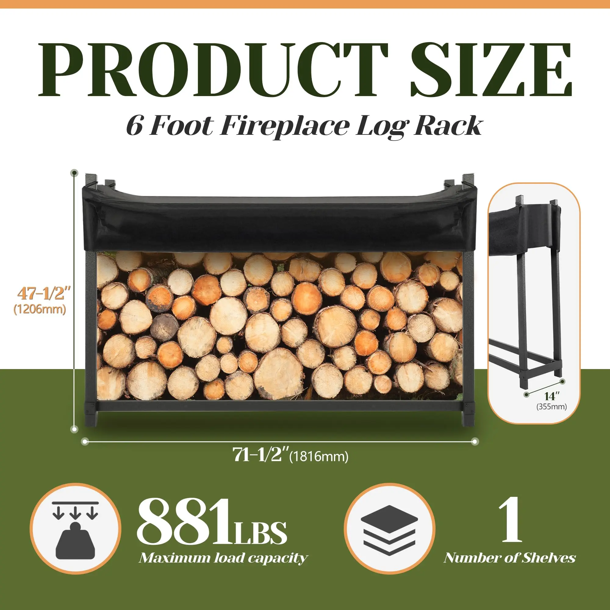 6FT Firewood Rack with Waterproof Cover for Outdoor Indoor Wood Log