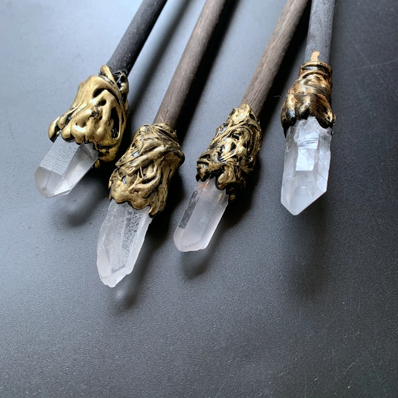 1pc 13.75inch Witch Magic Stick Amethyst Tumbled Stone Scepter Fairy Wand Prop Clear Quartz Point Crystal Wood Stick