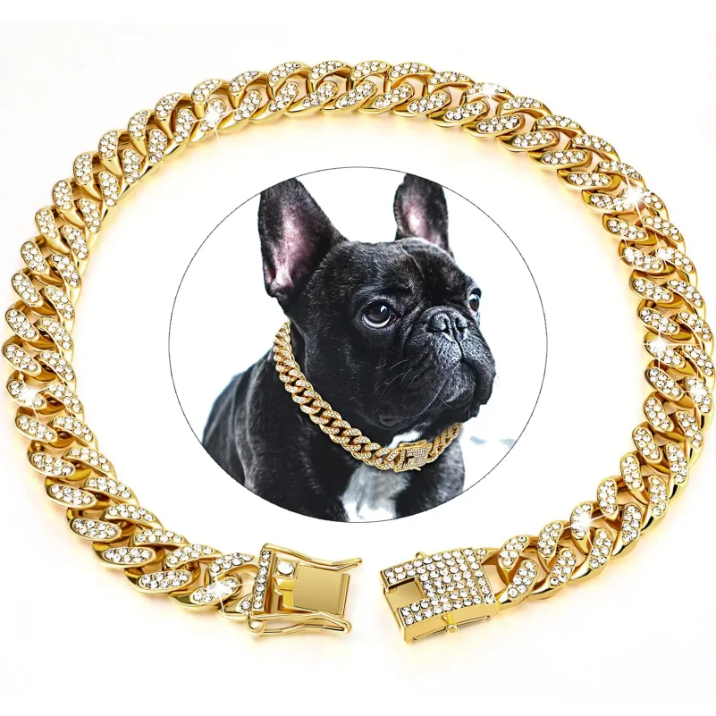 

Dog Chain Diamond Cuban Collar Walking Metal Chain Collar with Design Secure Buckle, Pet Cat Cuban Collar Jewelry Accessories