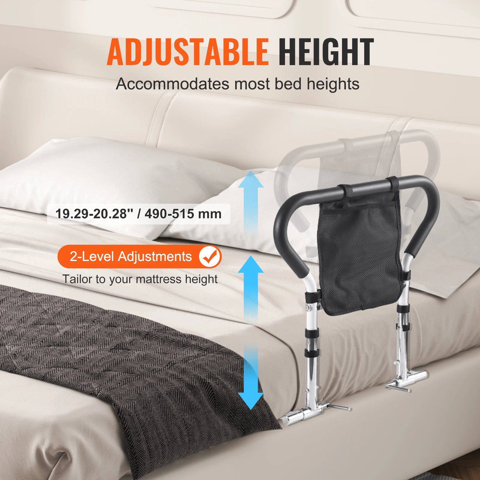 VEVOR Bed Rails for Elderly Adults 90° Foldable Bed Assist Rails for Seniors 2-Level Height Adjustable Bed Side Rails Bed Cane