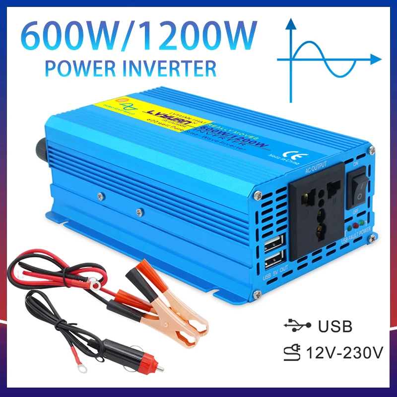 600W/1200W DC 12V to AC 230V 50Hz/60Hz Voltage Converter Pure Sine Wave Universal EU Socket Car Cigarette Lighter Plug Inverter