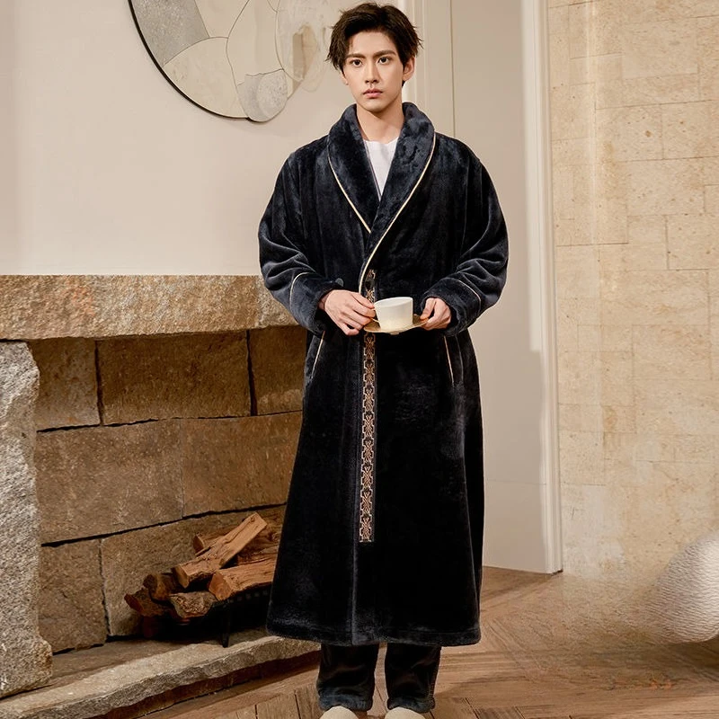 [ Extended ] Nightgown Men's Winter Flannel Fleece Thickened Thermal Bathrobe Men's Winter Coral Fleece Loungewear New Underwear