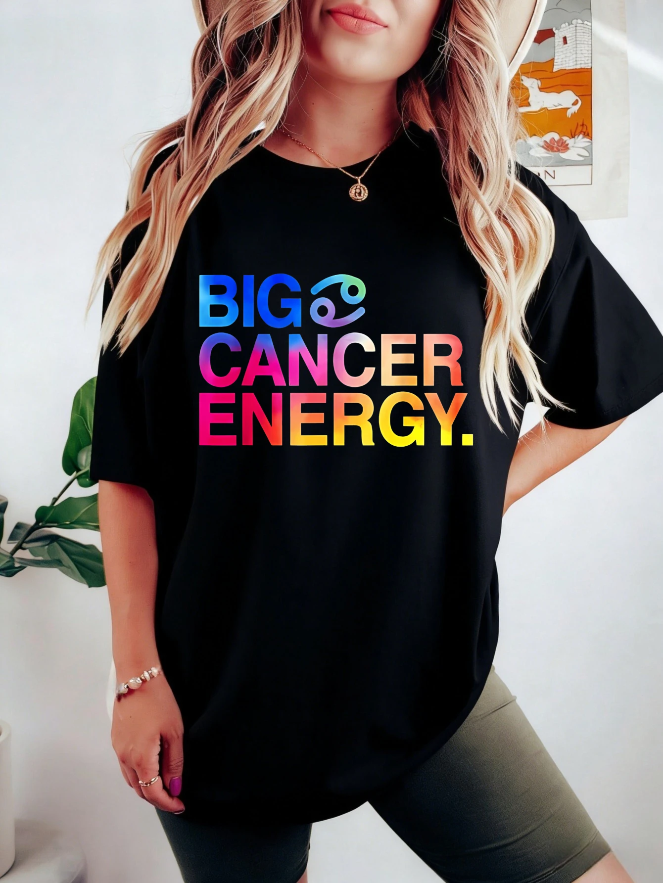 

Женская футболка с коротким рукавом BIG CANCER ENERGY с милым графическим принтом, хлопковая, оверсайз, повседневная, летняя, подарок для нее