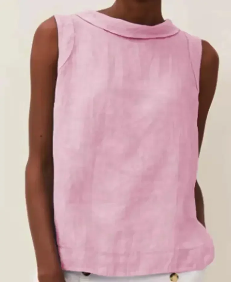 봄 코튼 린넨 여성 탑 화이트 민소매 오목 캐주얼 블라우스 여성 유행 패션 오피스 탑 숙녀