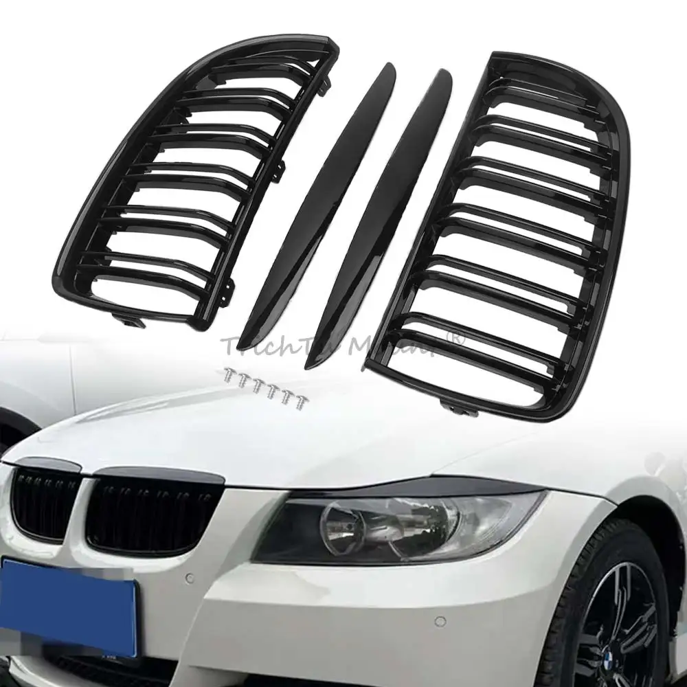 1 Paar Kühlergrill-Zierleisten und obere Motorhaubenblenden passend für BMW 3er E90 Limousine/E91 Kombi 2005-2008, hochwertiges ABS, glänzend schwarz