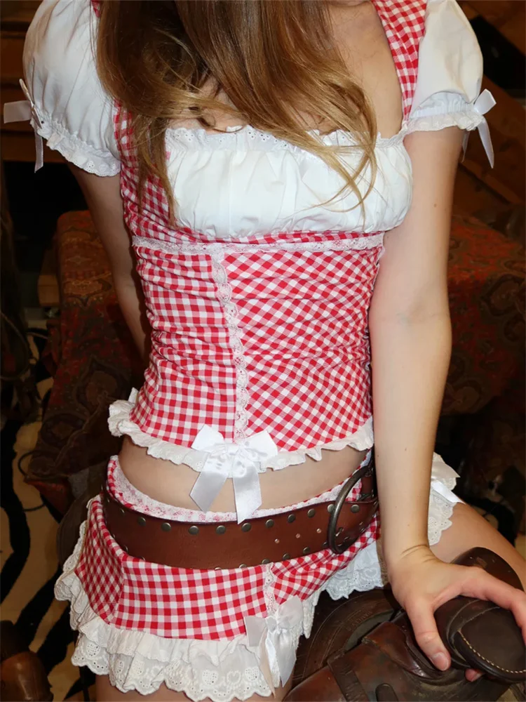 New Lolita Style Pink And White Gingham Dress Plus Size Sweetheart Neckline With Puffy Sleeves And Lace Trims For Women Hot Sale
