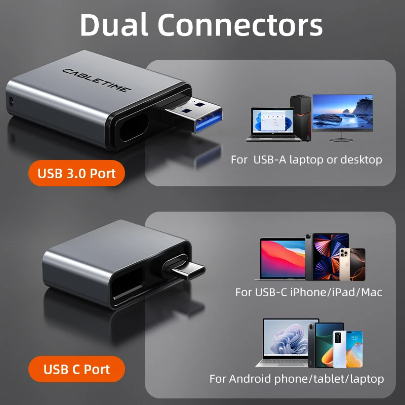 CABLETIME 3-in-1 Card Reader 312MB/s 5Gbps SD4.0 USB 3.0 USB-A & USB-C Aluminum Alloy SD/TF Card Adapter for Laptop MacBook