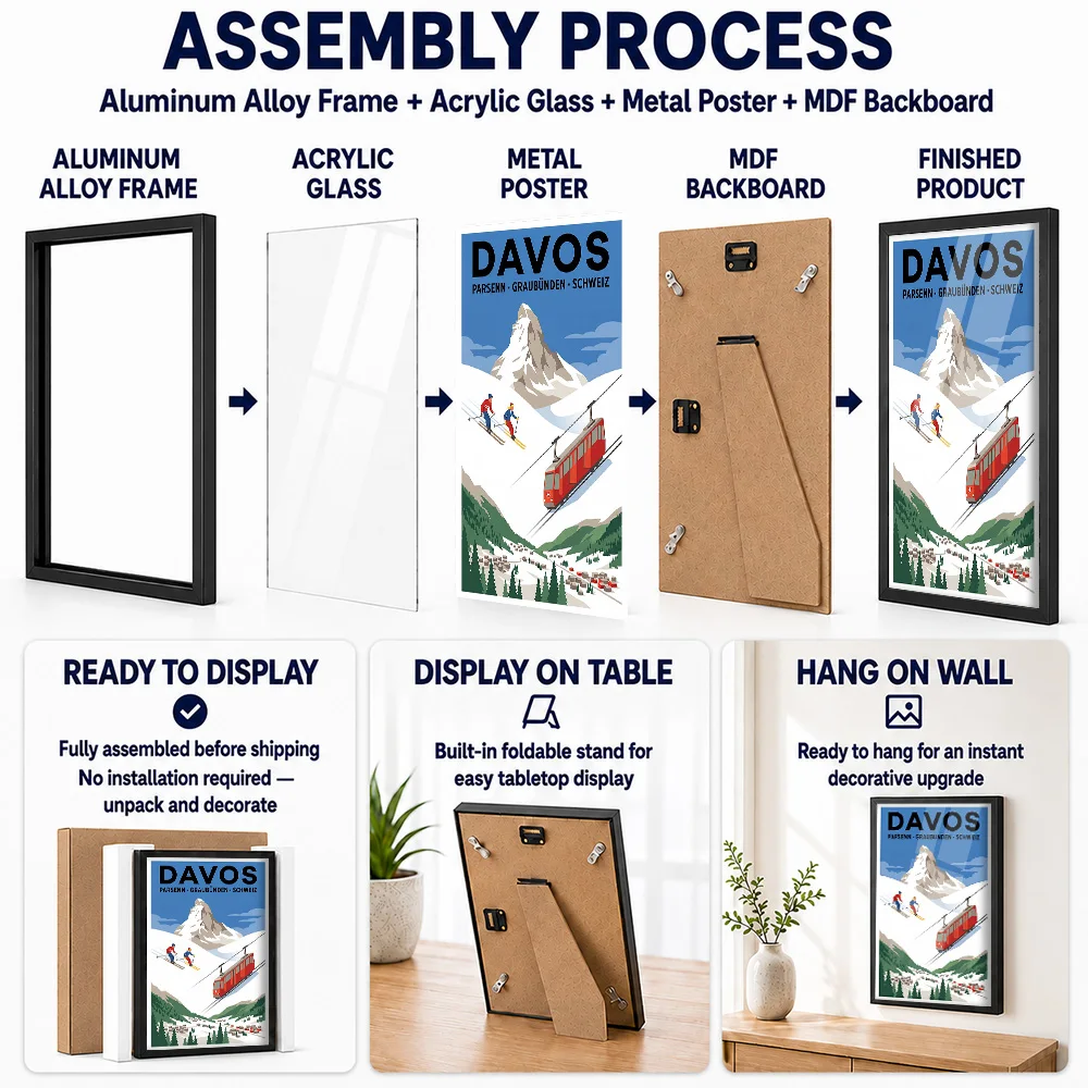 Davos Switzerland Ski Resort Vintage Framed Aluminum Metal Poster Customized Photo Dynamic Winter Style Wall Art For Game Room