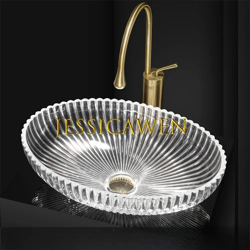 510*340*150mm Bathroom Washbasin Oval Stripe Design Transparent Glass Sink Hotel Luxury Washroom Vessel Sink with Faucet Set