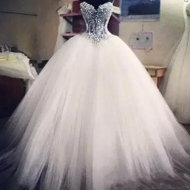 Customized Major Beading White Sweetheart Wedding Dresses Llusion Bodice Ball Pearls Tulle Bride Gowns Lace-up Backless
