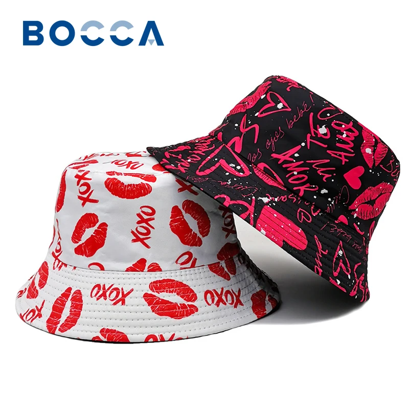 Bocca Red Lips Printing Bucket Hat Love Heart Graffiti Pattern Fisherman Hats Double Sides Panama Cap Summer Sunscreen Outdoor