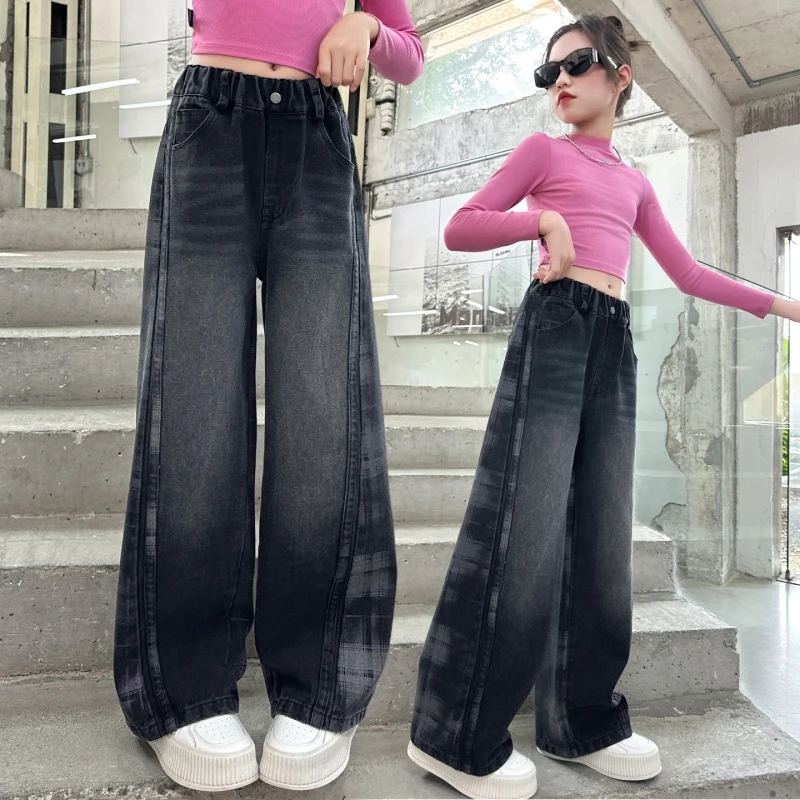 

Girls' Denim Pants, Plaid Patchwork Denim Saber Pants, New 2025 Denim Pants for Teen Daily Wear, Children's Long Pants, Trendy