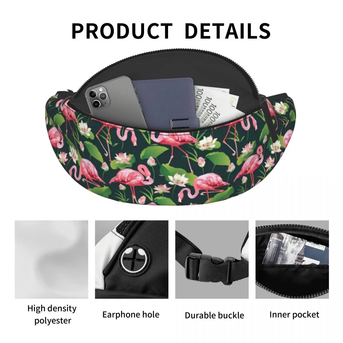 Tropical Birds Waist Bag Flamingo White Lily Print Polyester Waist Pack Naturehike Teenagers Bag