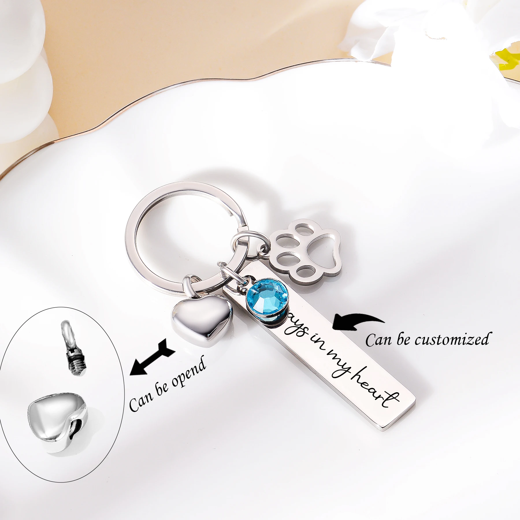 Heart Urn Keychain With Paw Print Stainless Steel Rectangle Key Ring Cremation Keepsake Engrave Name Text Personalized Jewelry