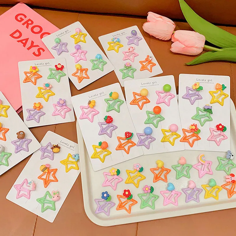 5pcs/set Cute Cartoon Flower Star Hair Clips For Girls Sweet Hair Decorate Side Hairpin Hairgrip Kids Lovely Hair Accessories