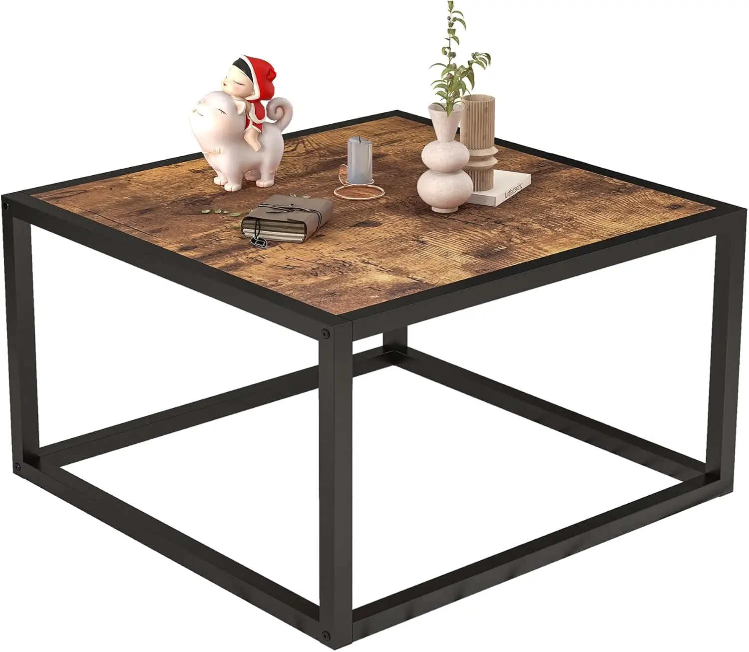 Mesa de centro cuadrada moderna, color negro y marrón rústico, mesa auxiliar/centro/lateral sencilla con tapa de madera y estructura de metal resistente,