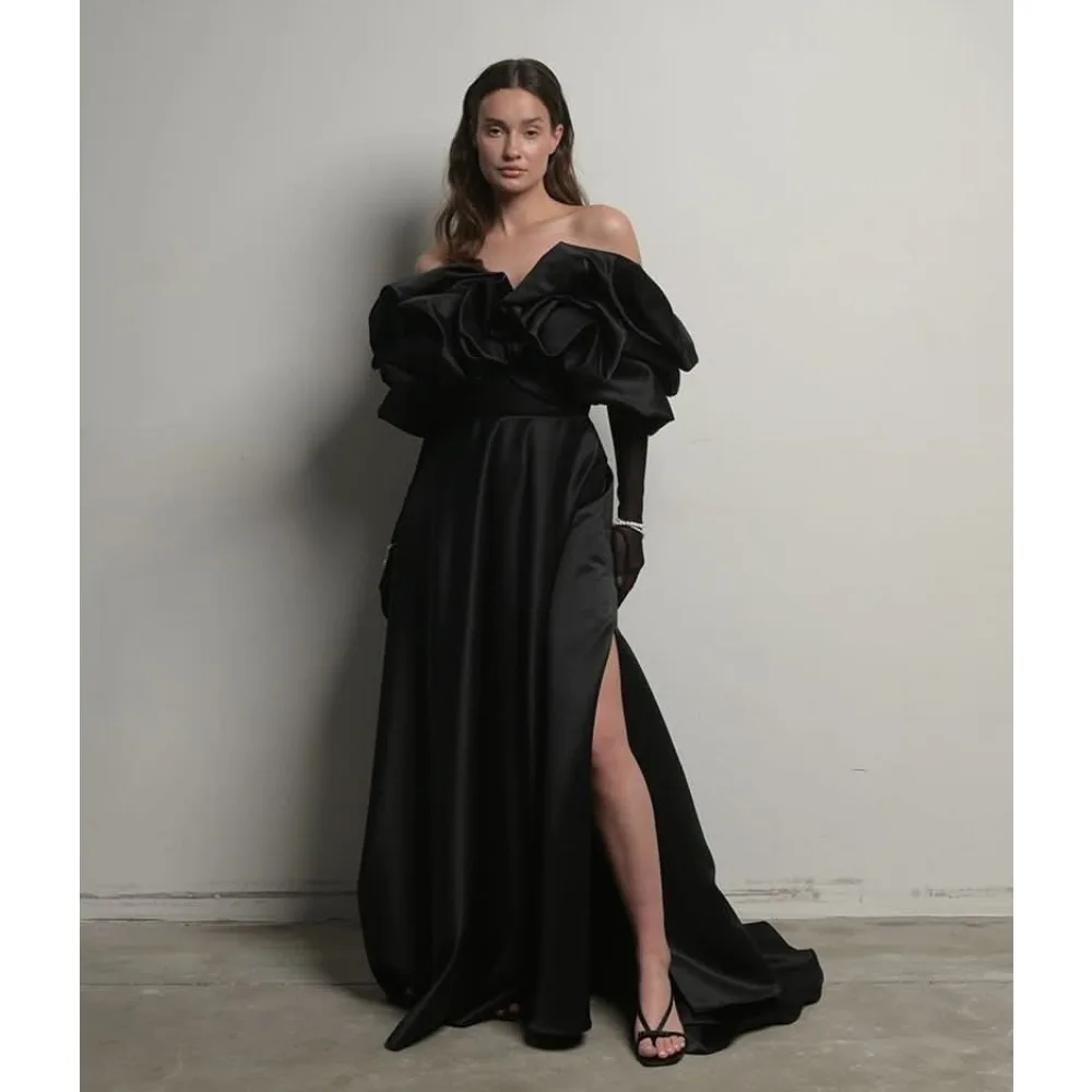 

Customized Black Strapless Evening Dresses Off Shoulder Ruched Party Dress Long Elegant Modern Prom Cocktail Gown for Women 2026