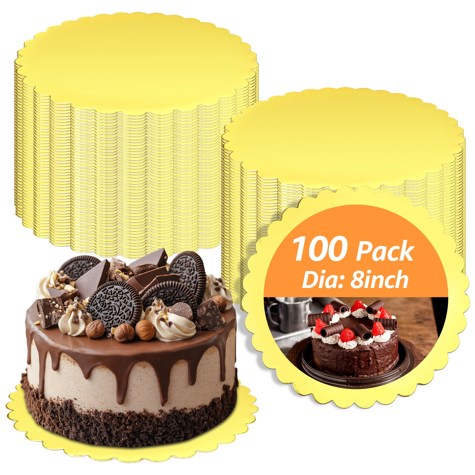 100Pcs Round Cake Base Boards Cardboard with 8 inch Corrugated Paper Gold Cake Circle Board Cake Base suitable for Baking Cakes