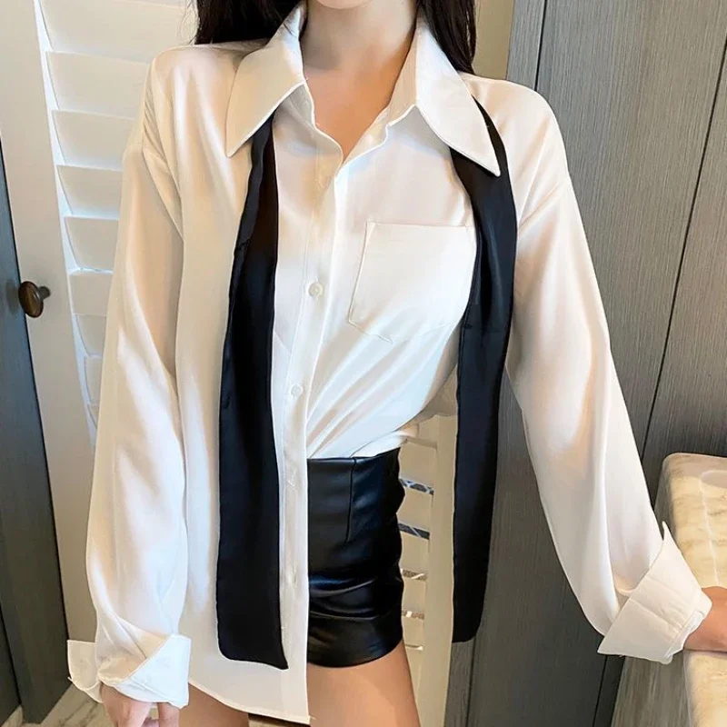 DAYIFUN Women White Blouses with Black Scarves Spring Summer Long Sleeve Solid Shirts with Pocket Sexy Tops Office Ladies Shirt