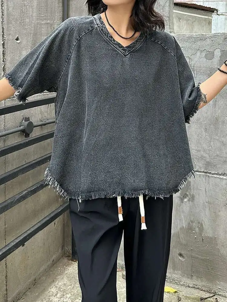 

Women Black Denim Burr Irregular Big Size Casual T-shirt New V-Neck Half Sleeve Fashion Tide Spring Summer