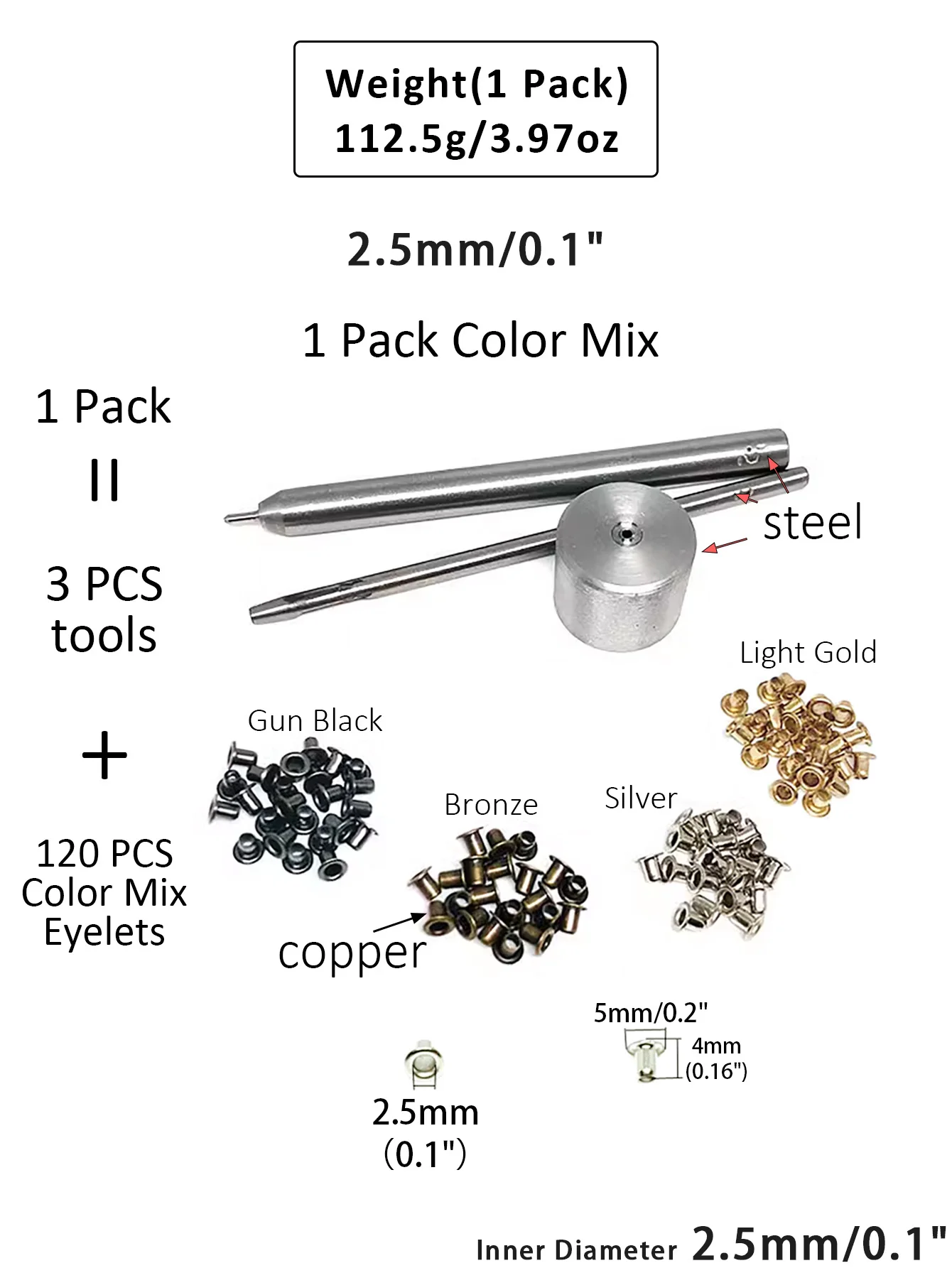 120 Stück Kupfer-Farbmischung, winzige 1,5/2/2,5 mm Ösen für Schuhe, Kleidung, Leder, Leinwand, BJD-Ösen mit 3 Stück Befestigungswerkzeugen – Detail 4