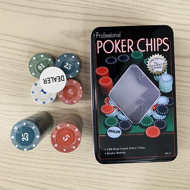absポーカーチップ100個入り、メタルティンボックス付き、1、5、10、25ドル札額、カジノチップセット、テキサスホールデムカードゲーム、ホームパーティー用