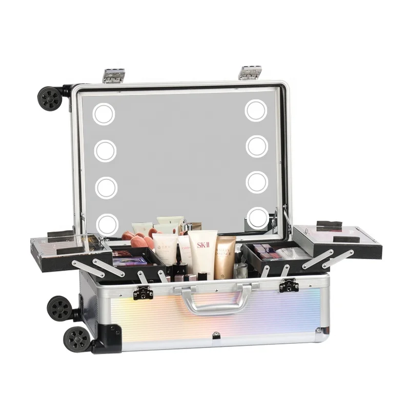 Portable Vintage Makeup Case With 4 Universal Wheels Extendable Cover Panel And Adjustable Legs Cosmetic Trolley Organizer
