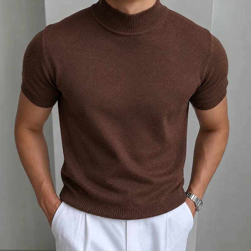 Herren Casual Einfaches Strick-T-Shirt Halbhoher Kragen Weicher Komfort Modisch Einfarbiges Strick-Kurzarm-T-Shirt Mock Neck Pullover – Detail 22