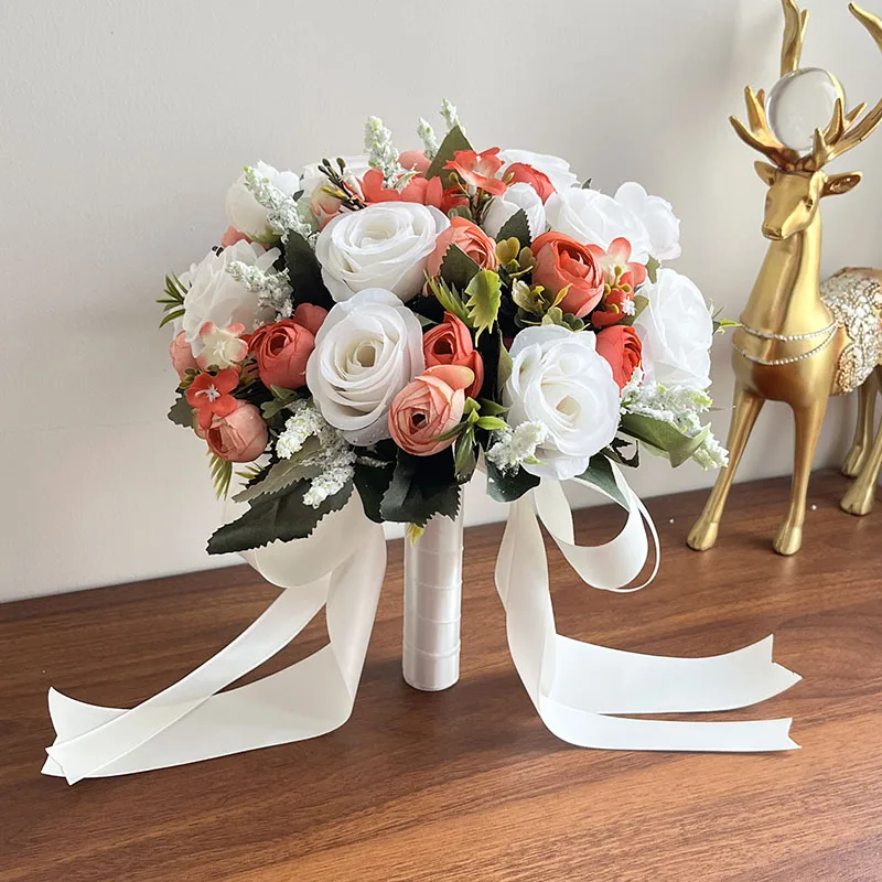 

Wedding Holding Flowers Bride Bouquet Bridal Accessories Bridesmaids Bouquet White Red Silk Roses Artificial Flowers Centerpiece