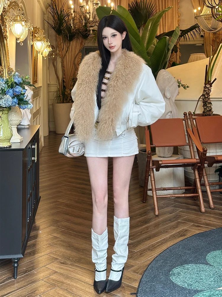 سترة منفوخة بياقة من الفرو الصناعي من REDDACHiC للنساء من قماش الدنيم الأبيض الدافئ بأكمام طويلة مفتوحة من الأمام معطف عتيق Y2K ملابس خارجية شتوية #6