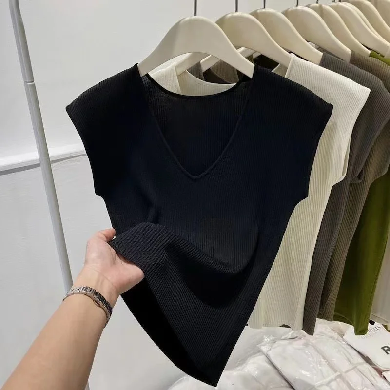 V-neck Rib-knit Sleeveless Vest Women's Knitted Tanks Camis Fitted Shirt Top Spring Summer Modern Chic Basic Outfit