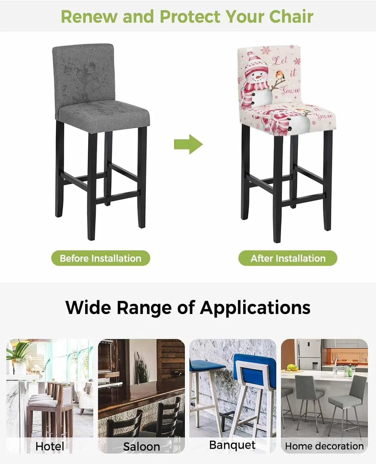 Pink Christmas Snowman Bar Stool Covers Stretch Pub Counter Stool Chair Slipcover With Backs, Removable Washable Stool Chair