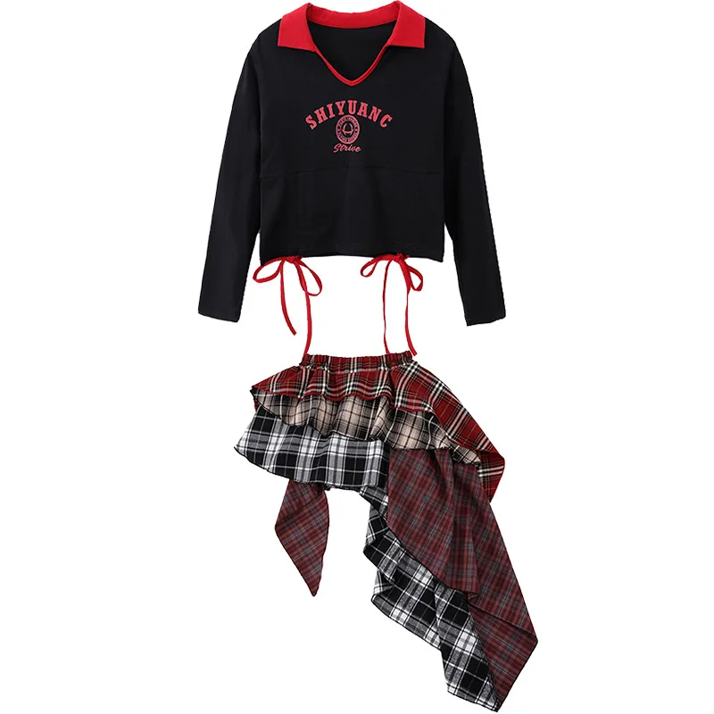 Cooles Street Dance-Outfit für Mädchen, Jazz-Hip-Hop-Kostüm, Schnürung, plissiert, kurzärmelig, Rock, Hip-Hop-Kleidung, Tanz-Übungskleidung